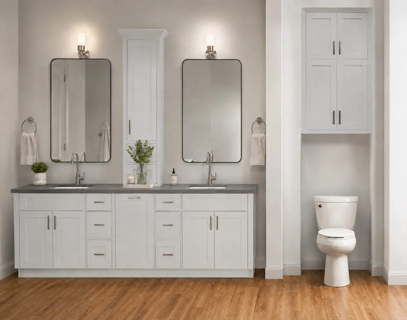 3D design of a bathroom with a double vanity, two mirrors and a linen tower